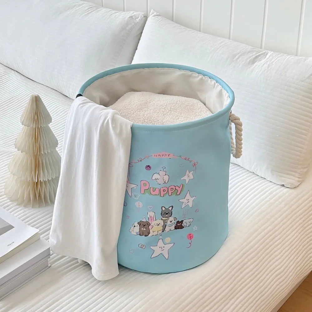 panier linge pliable bleu clair dessins animaux poignées corde utilisation multiple réutilisable