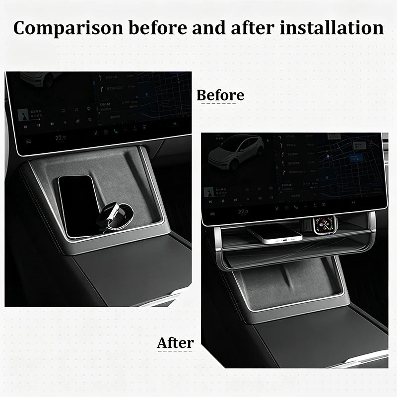 rangement sous écran voiture tesla boîte storage box organizer double couche éclairageintérieur pliable moderne