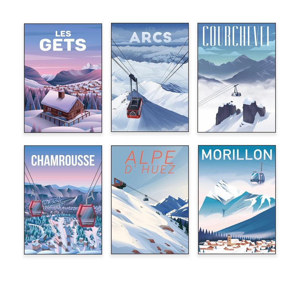 Une série d'affiches de stations de ski et de montagnes dans les Alpes, représentant différents paysages et activités de la région, avec des couleurs vibrantes et un style graphique stylisé.