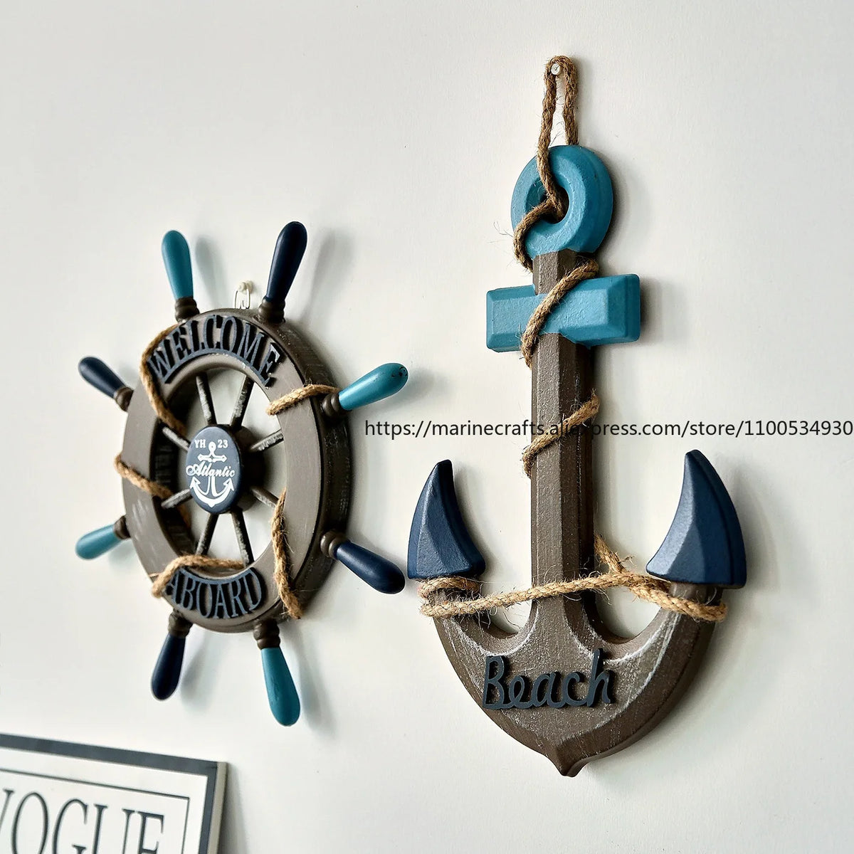 décoration murale marin volant bateau ancre bois couleurs bleues coquillages étoiles mer