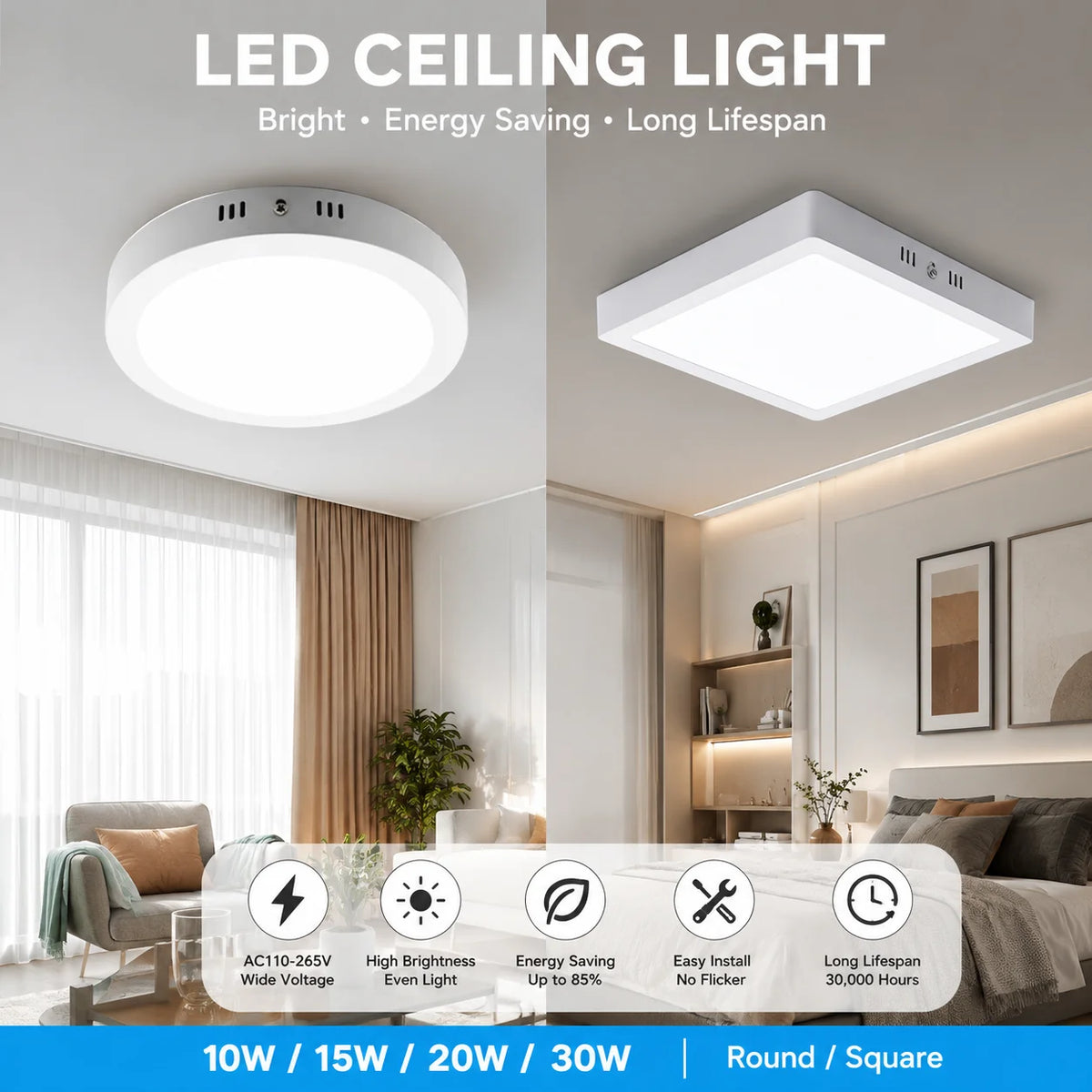 Lampe LED moderne 20W 30W blanc ultra mince éclairage intérieur