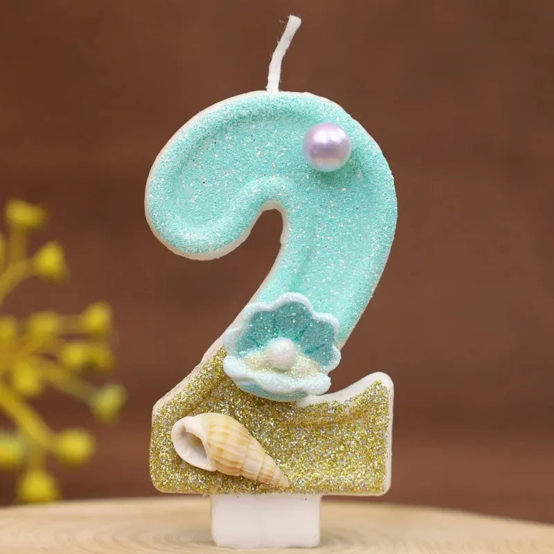 bougies numériques forme chiffres glitter thème marin anniversaire turquoise doré blanc coquillages clips