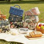 sac main fleur bleu vert beige réutilisable poignées vintage opacité multifonction portable