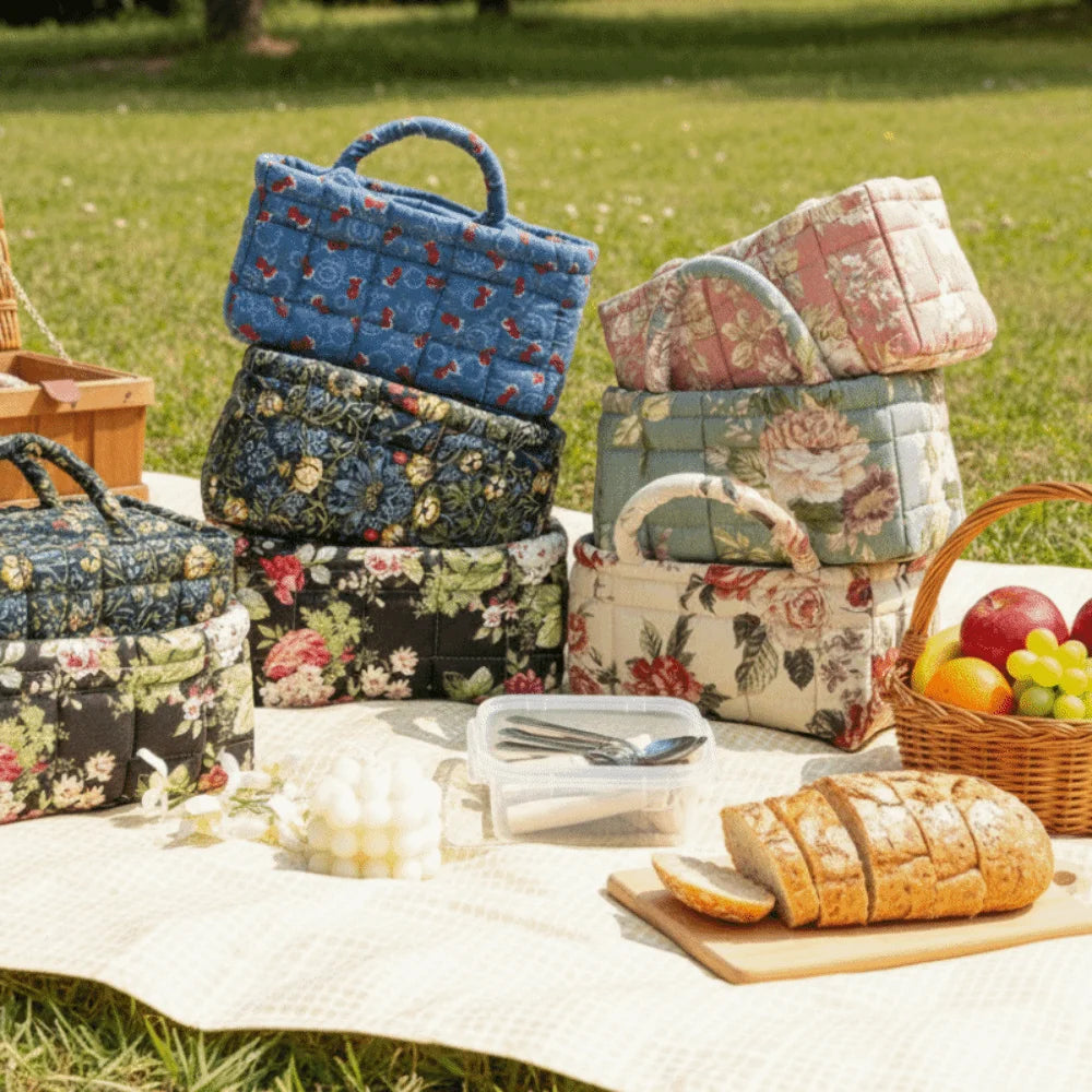 sac main fleur bleu vert beige réutilisable poignées vintage opacité multifonction portable