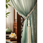 rideau vert beige marron broderie bambou franges classique traditionnel tassel translucent