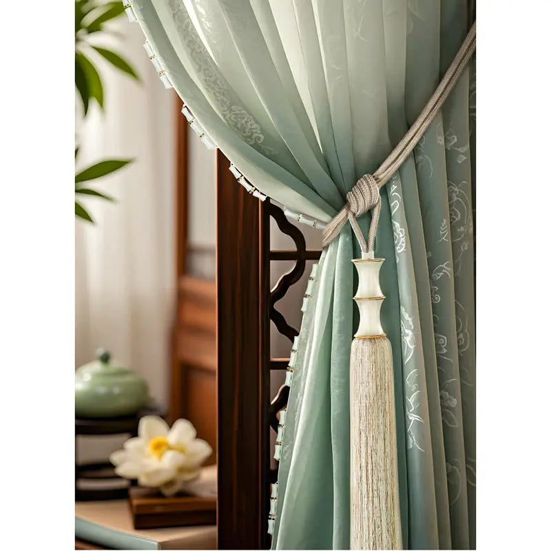 rideau vert beige marron broderie bambou franges classique traditionnel tassel translucent