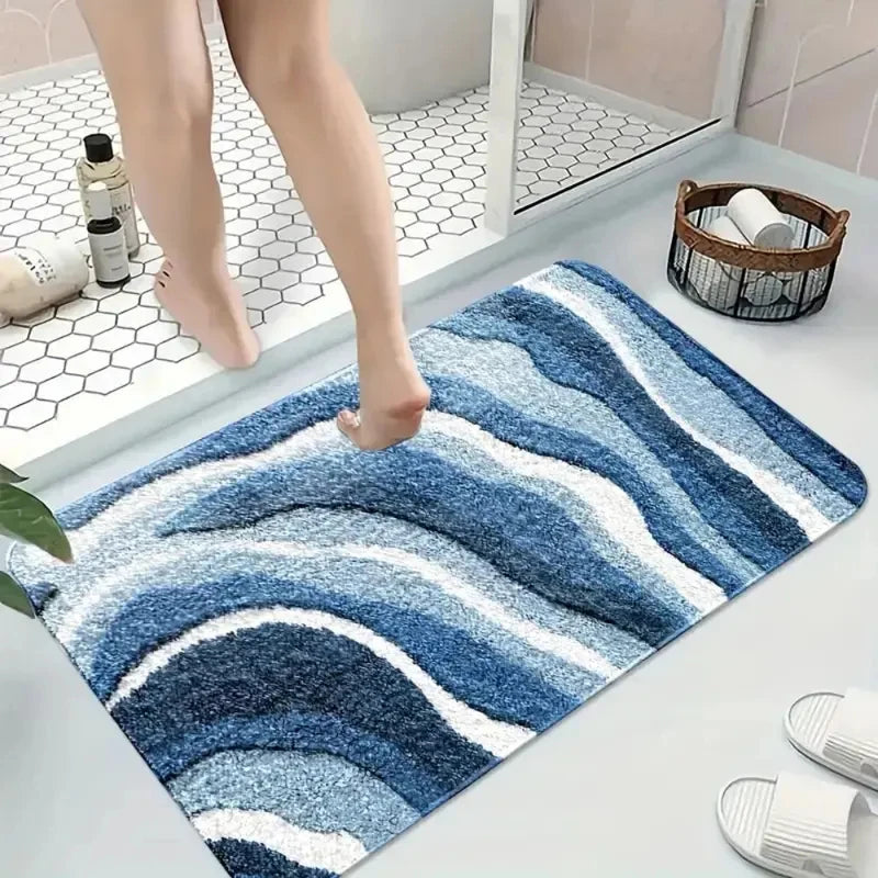 tapis bain bleu blanc rayures ondulées moderne antidérapant absorbant intérieur salle bain cuisine couloir