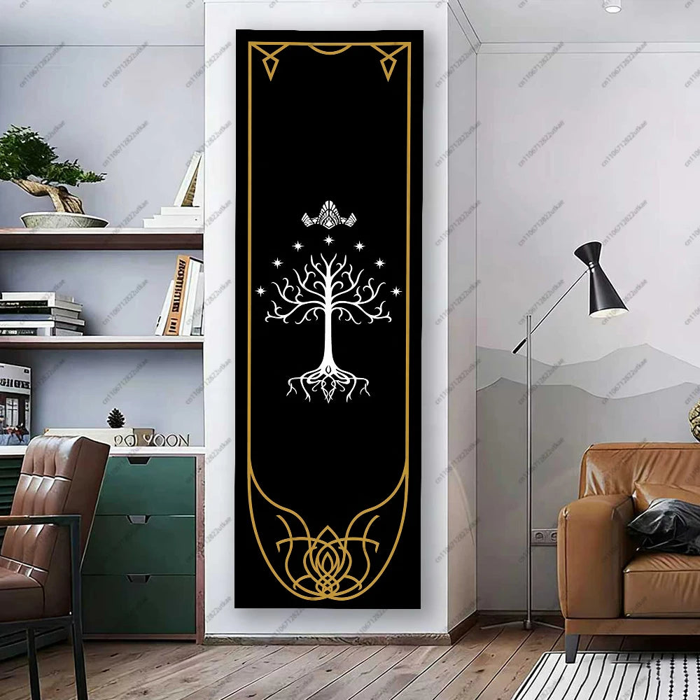 tapis yoga noir blanc arbre stylisé branches racines motifs dorés moderne minimaliste