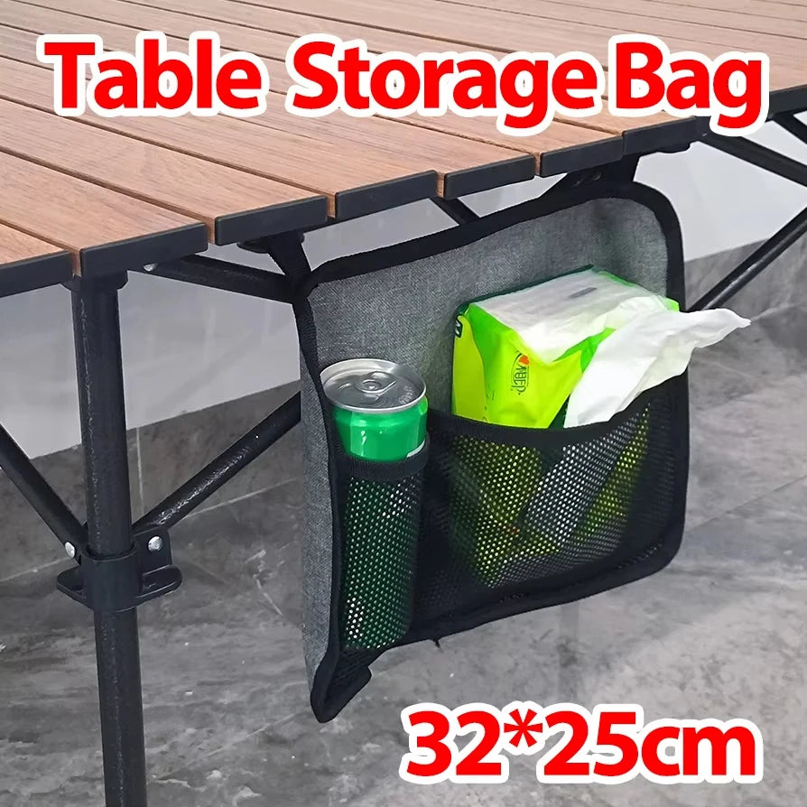 sac rangement table pliante tissu texturé gris tissu mesh noir camping utilitaire transparent