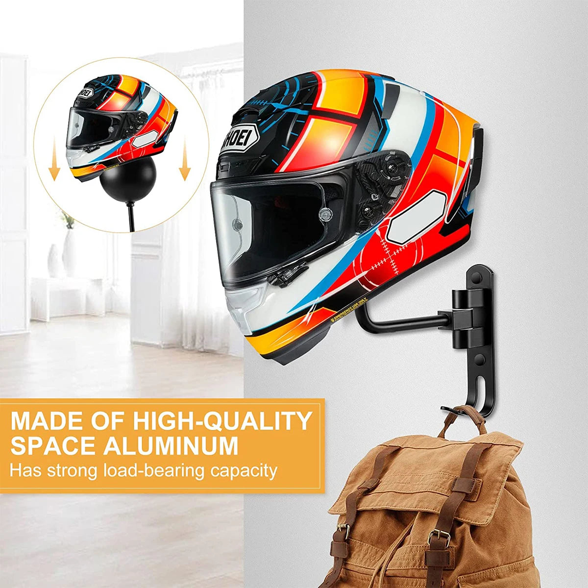 support mural casque moto vis rotation 180 double crochet acier inoxydable moderne