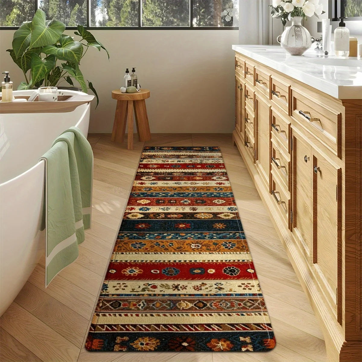 tapis ethnique motifs géométriques floraux rouge beige bleu marron antidérapant intérieur extérieur salon