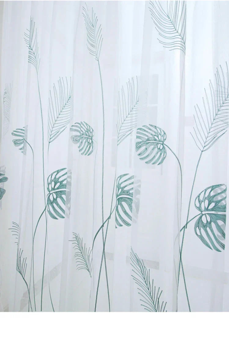 rideau tulle feuilles tropicales blanc vert clair moderne translucide 100cm largeur