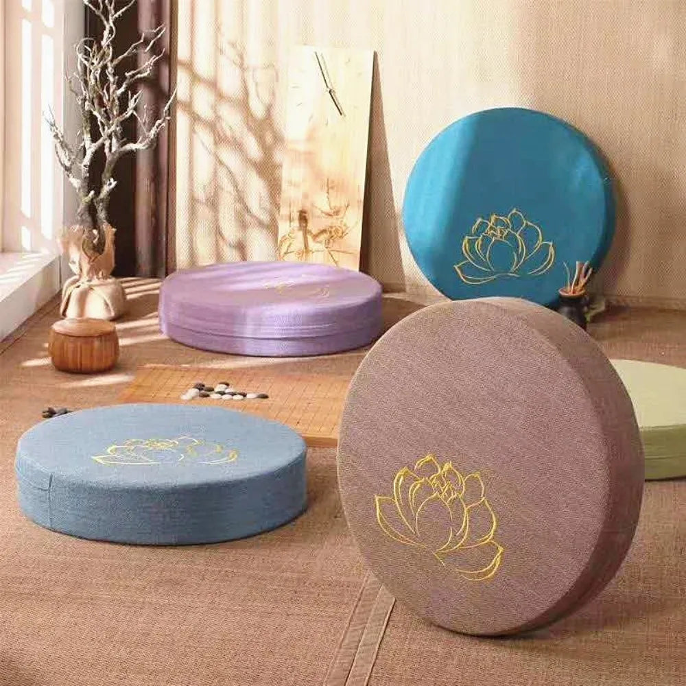 coussin méditation yoga rond broderie fleur lotus mousse épaisse siège salon japonais