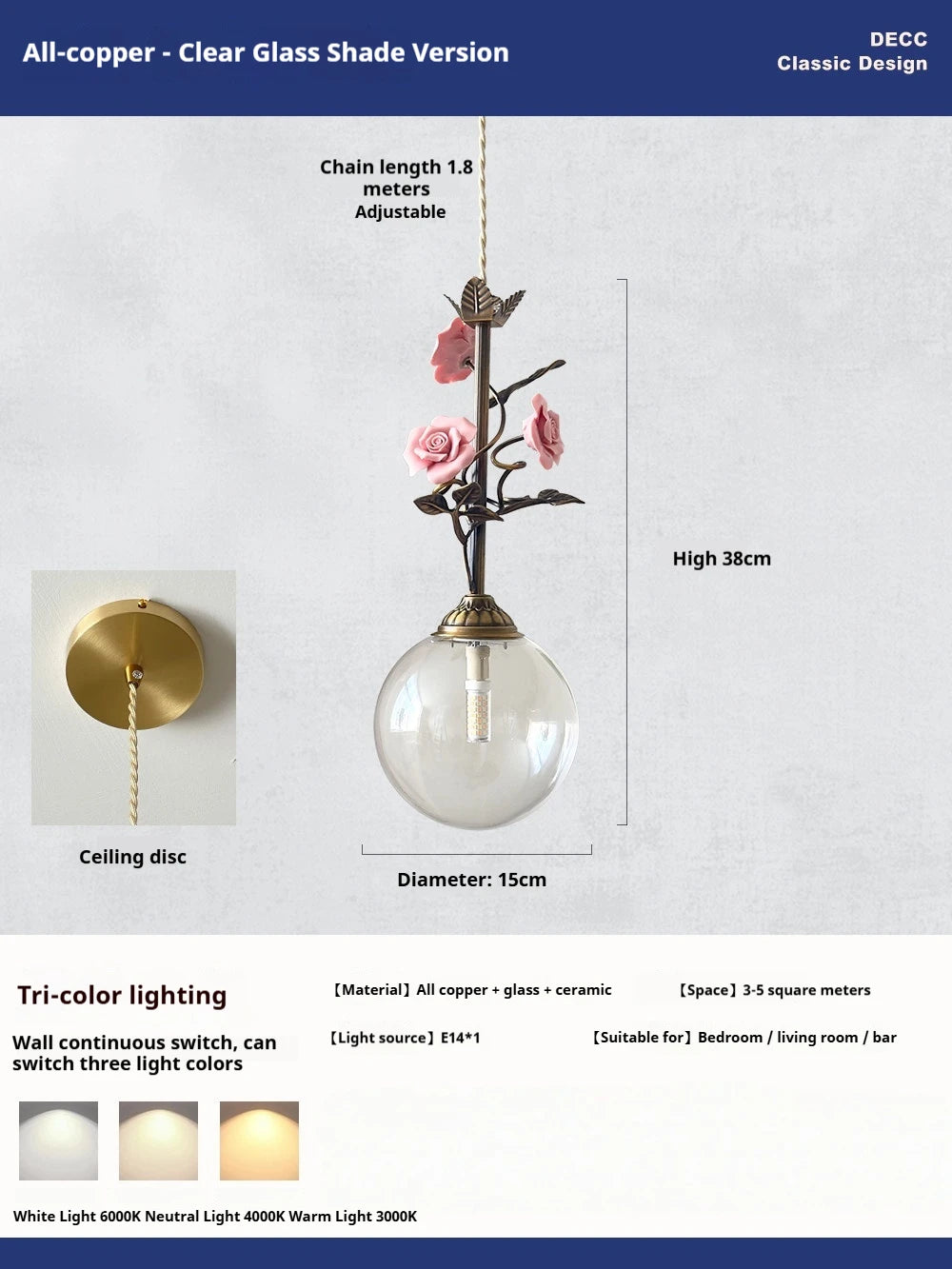 lumière suspendue led rose verre transparent classique floral chambre salon vintage