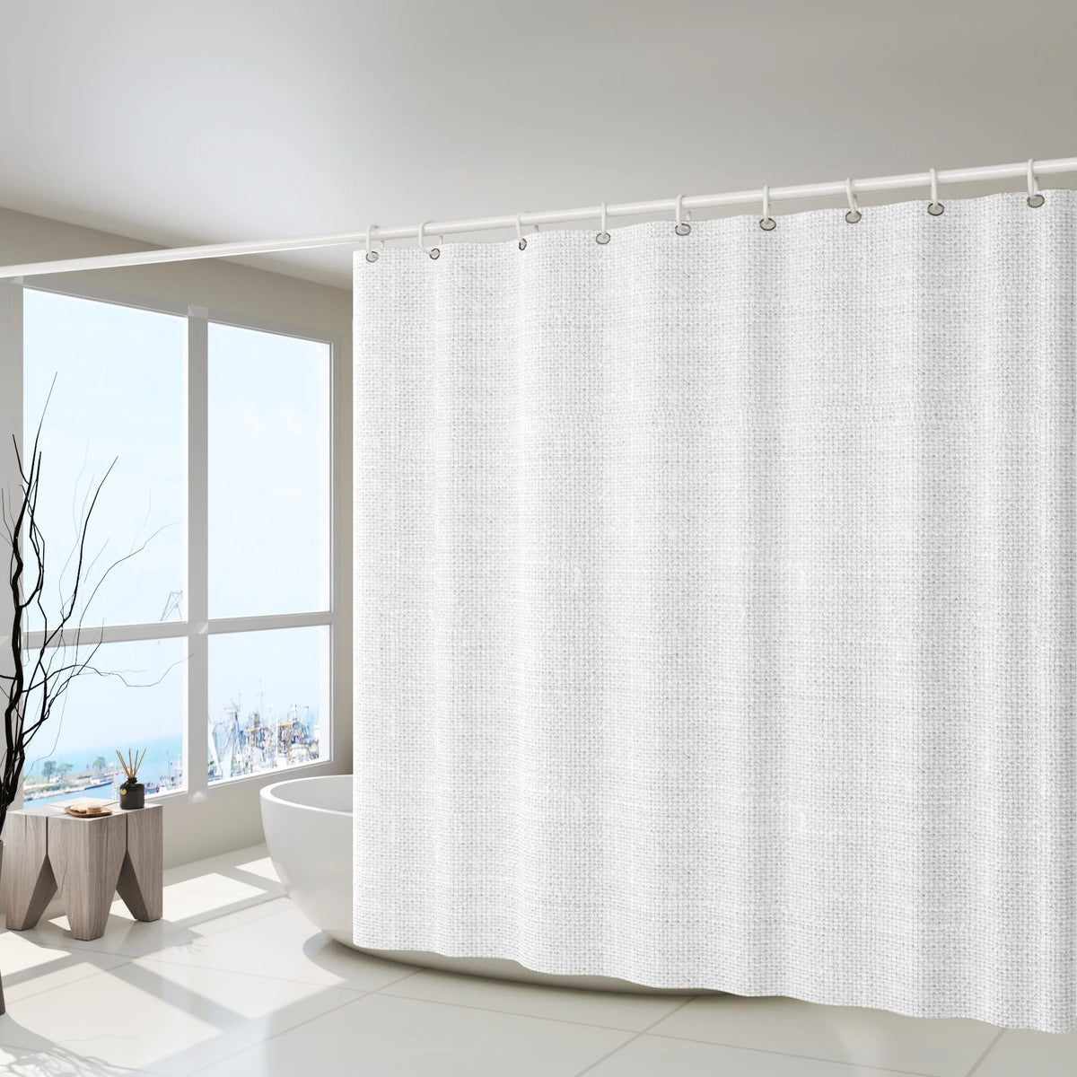 rideau douche tissé texturé imitation lin beige blanc noir gris moderne aimants lestés respectueux