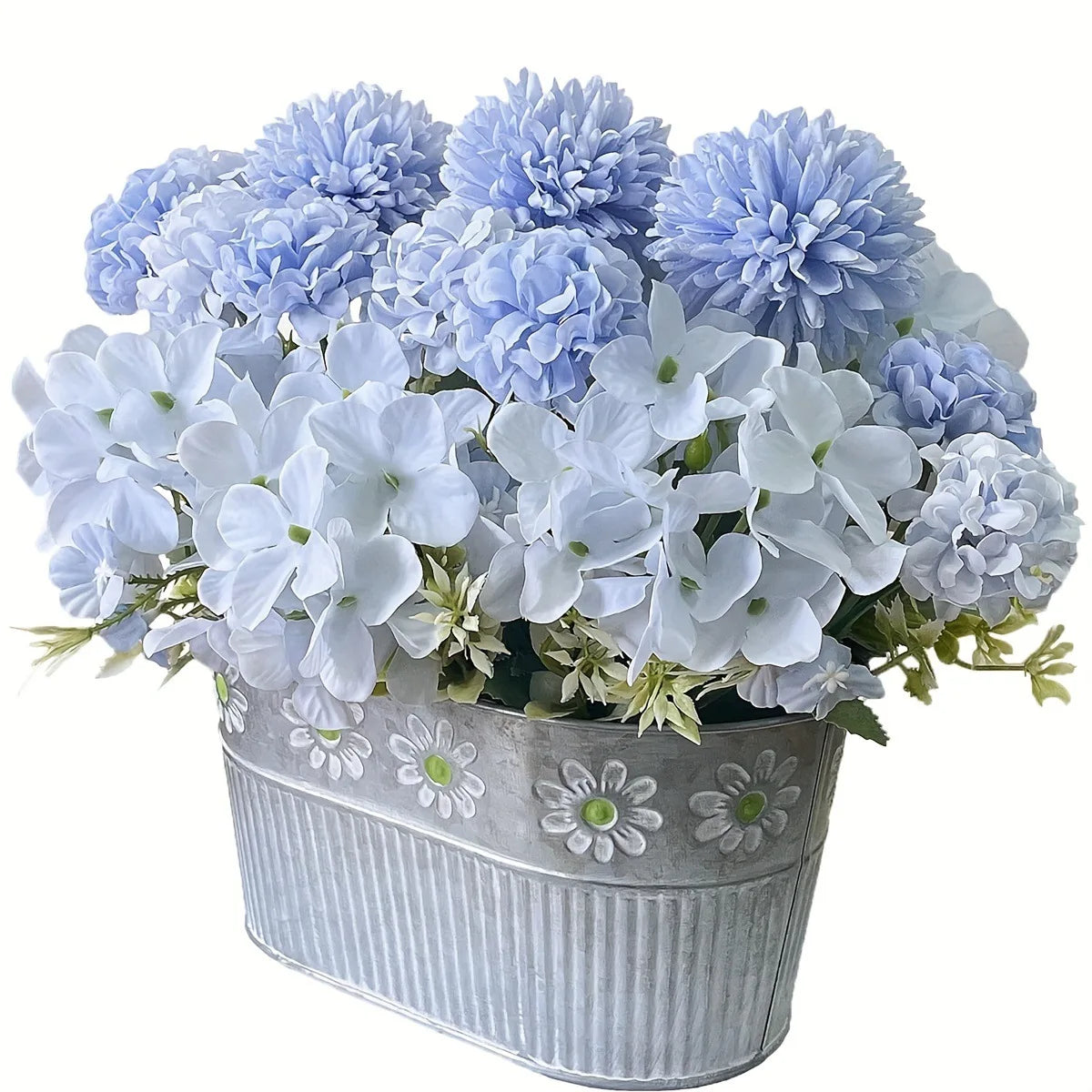 bouquets fleurs artificielles bleu rose blanc vases texturés motifs floraux rustique champêtreintérieur decoration