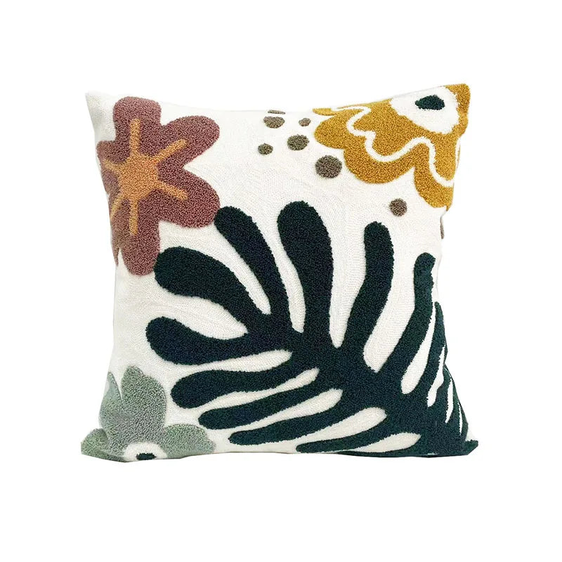 coussin tufté brodé fleur nordique moderne 100 polyester blanc vert marron jaune adhésif décoration