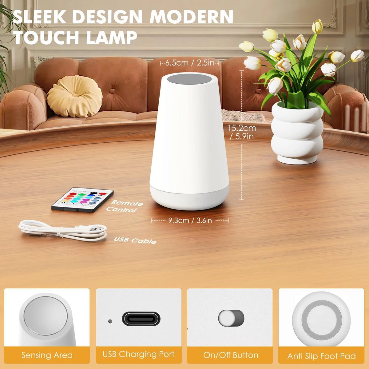 lampe tactile contemporaine rechargeable usb blanc flux lumineux 60 led rond lisse