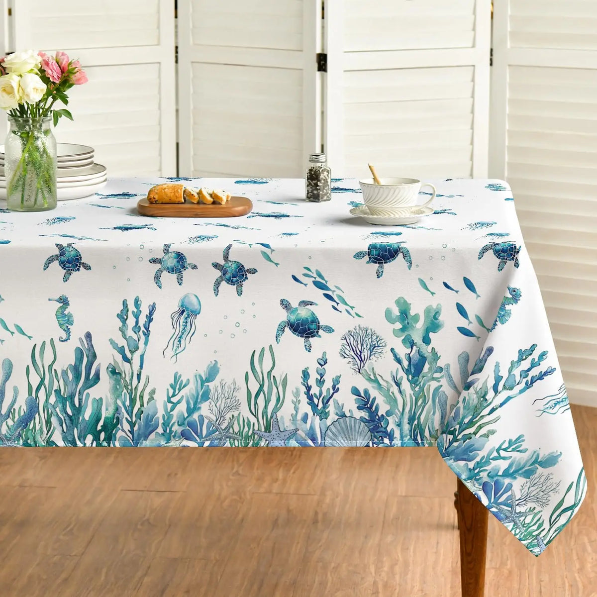 nappe imperméable motif marin tortues poissons moderne blanche bleue verte piscine pique nique table