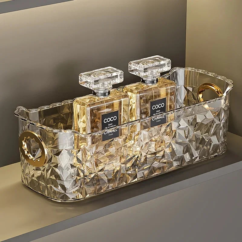 boîte rangement cosmétique transparent moderne plateau diamant cristal rechargeable salle bain coiffeuse