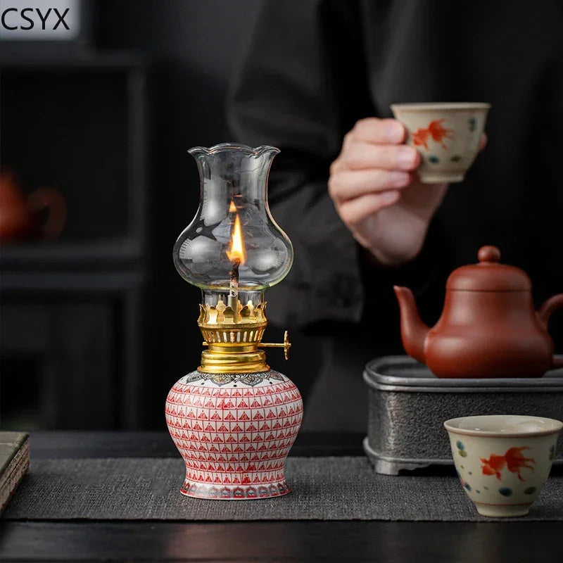 lampe huile verre transparent motif floral classique bougie blanche bleue dorée vintage