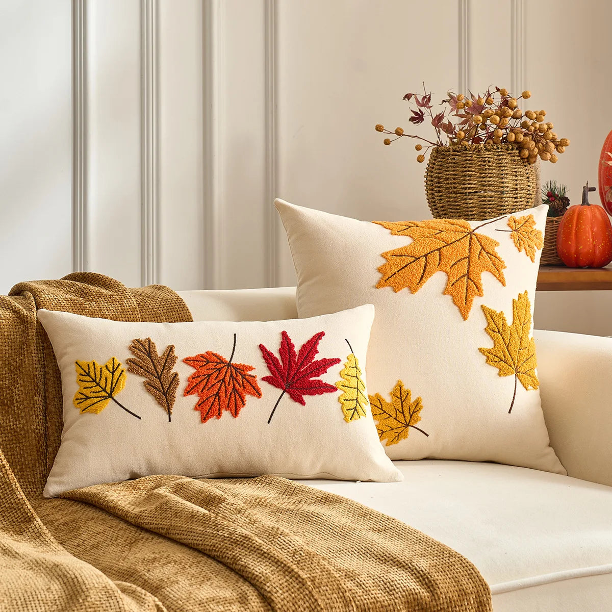 housse coussin brodée citrouille motif automne rustique tassel adhésif décoration maison nordique polyester coton