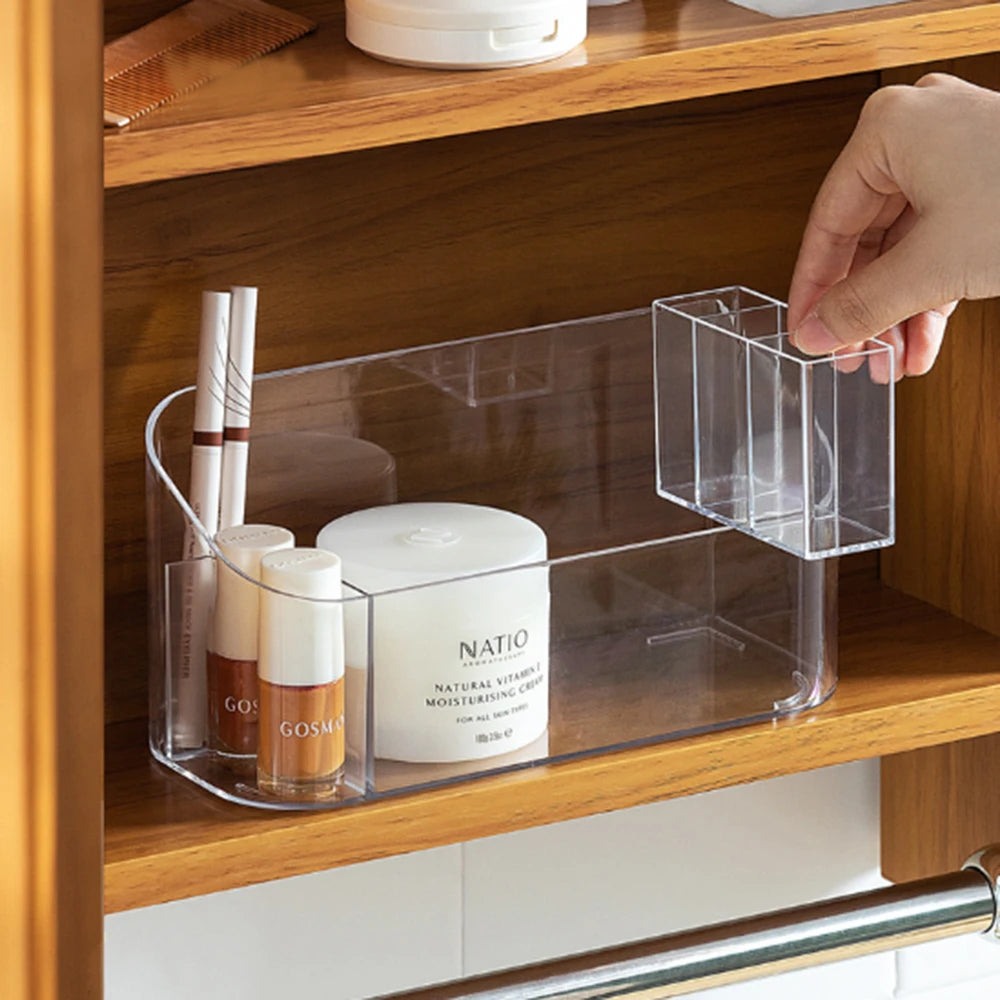 boîte rangement cosmétiques transparente moderne compartiments multiples maquillage pinceaux rouges lèvres organisation beauté minimalistemode