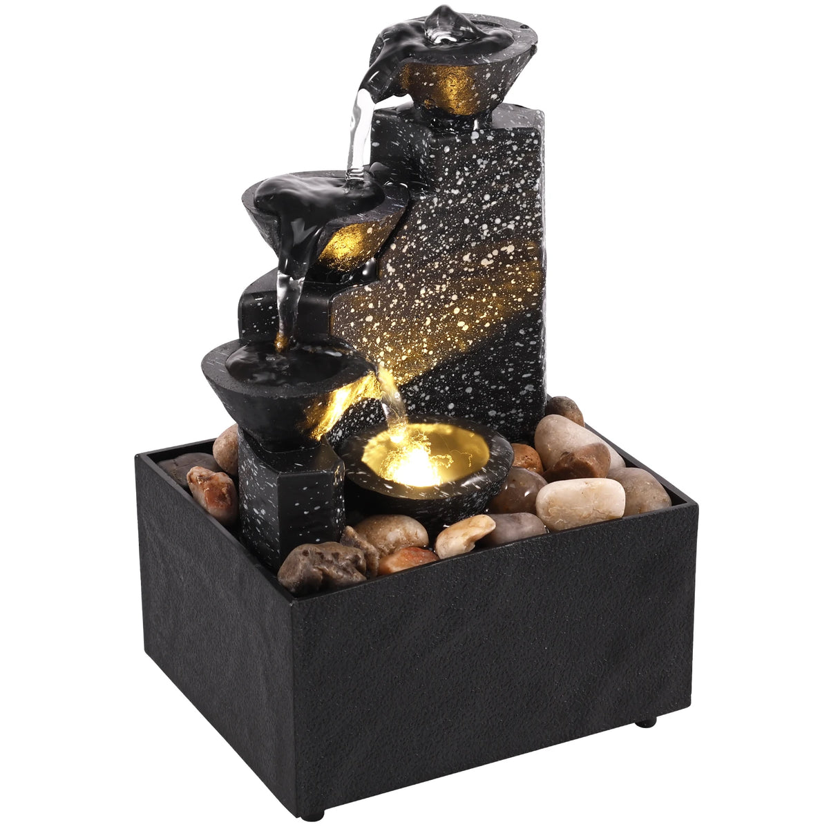 fontaine d'intérieur moderne pierres naturelles lumière led dorée base noire relaxation décoration chambre salon