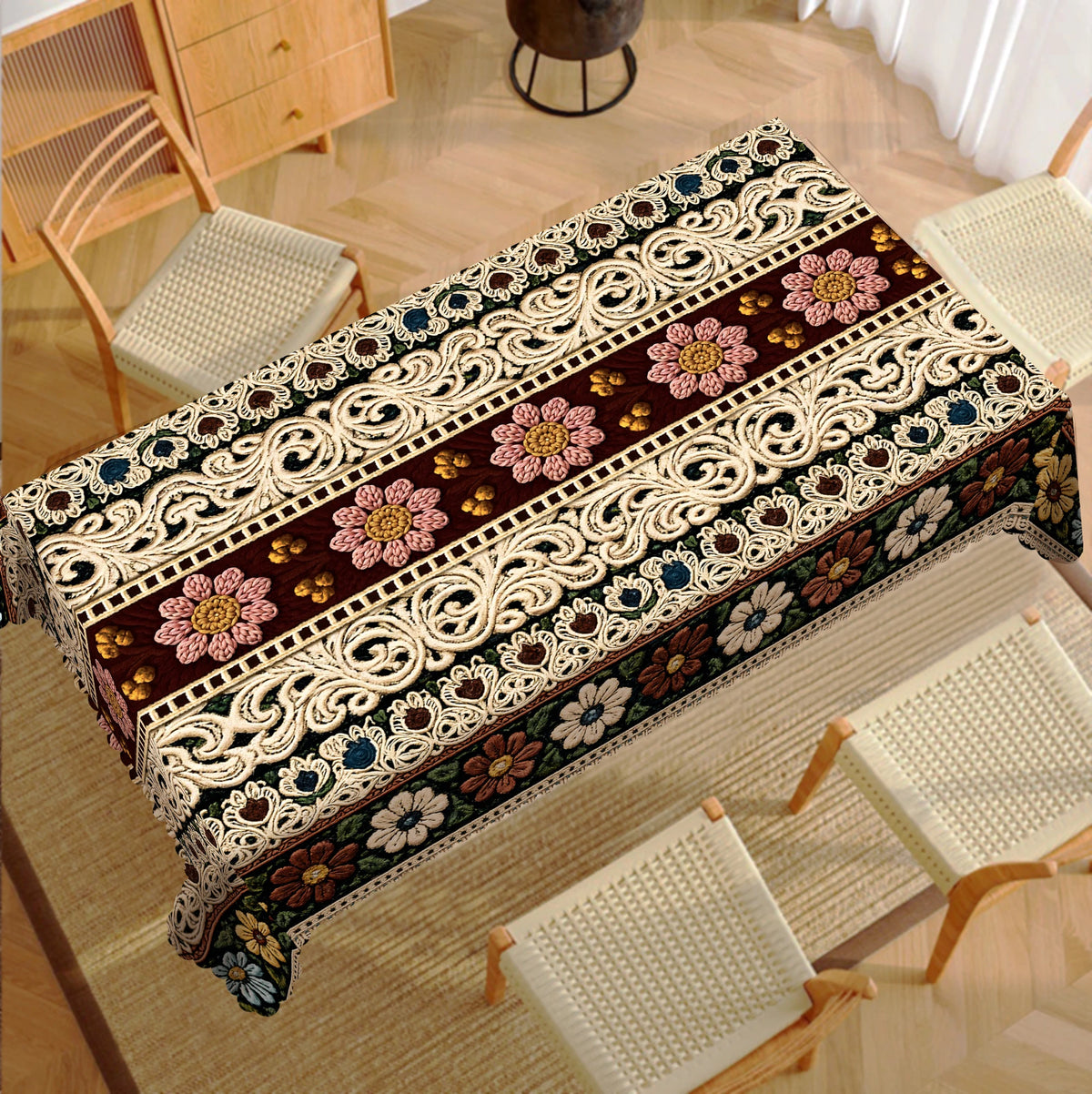 nappe fleur broderie traditionnelle imperméable lavable extérieur mariage fête rectangle round