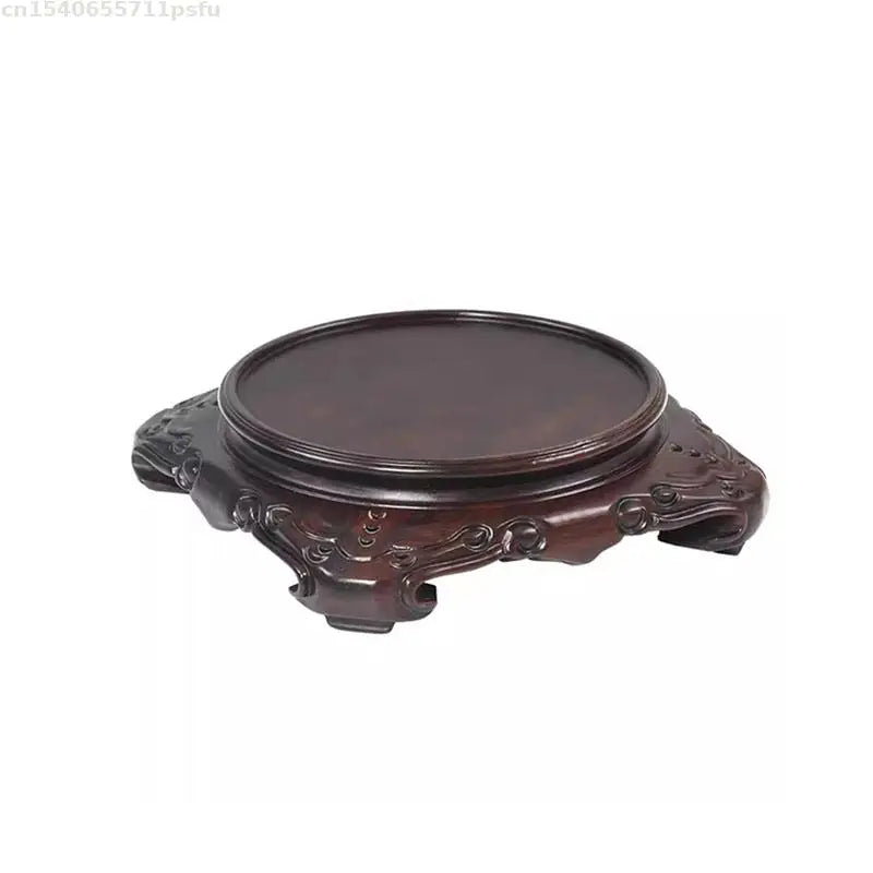 supports décoration bois sculpté artisanal traditionnel marron foncé fleurs vases bouddhas encens plantes bonsaï
