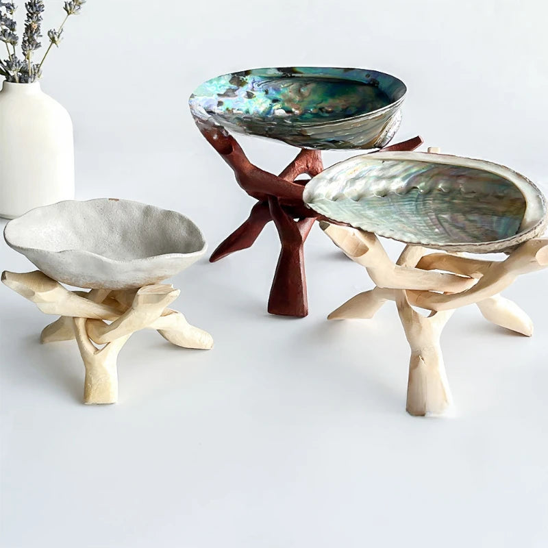 support décoratif bois brut blanc rouge brun artisanal naturel ormeau coquille rameaux sculptés bol