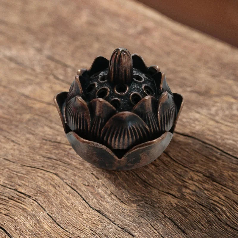 bougies encens bronze noir lotus artisanal vintage fleur motif floral boîte rangement pince métal