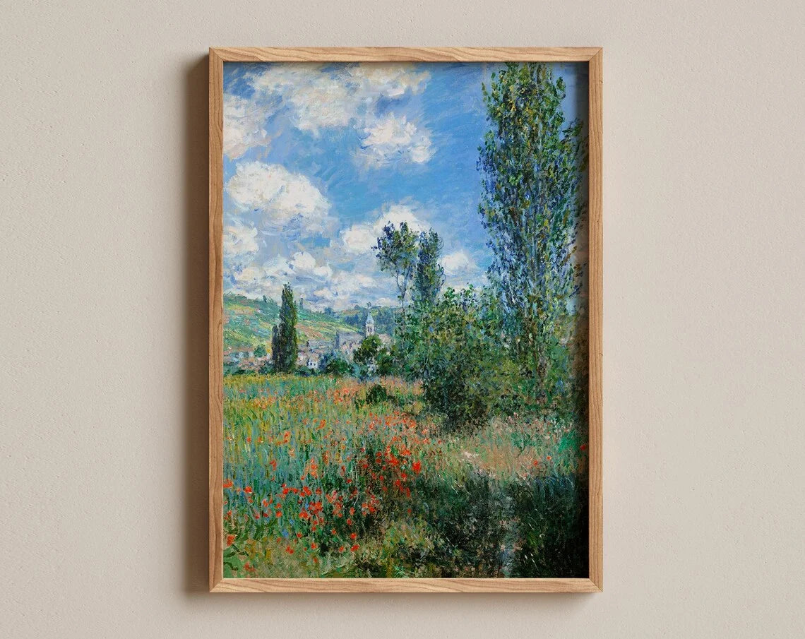 tableau impressionniste paysage champêtre arbres ciel nuageux fleurs coquelicot vert bleu blanc rouge brun