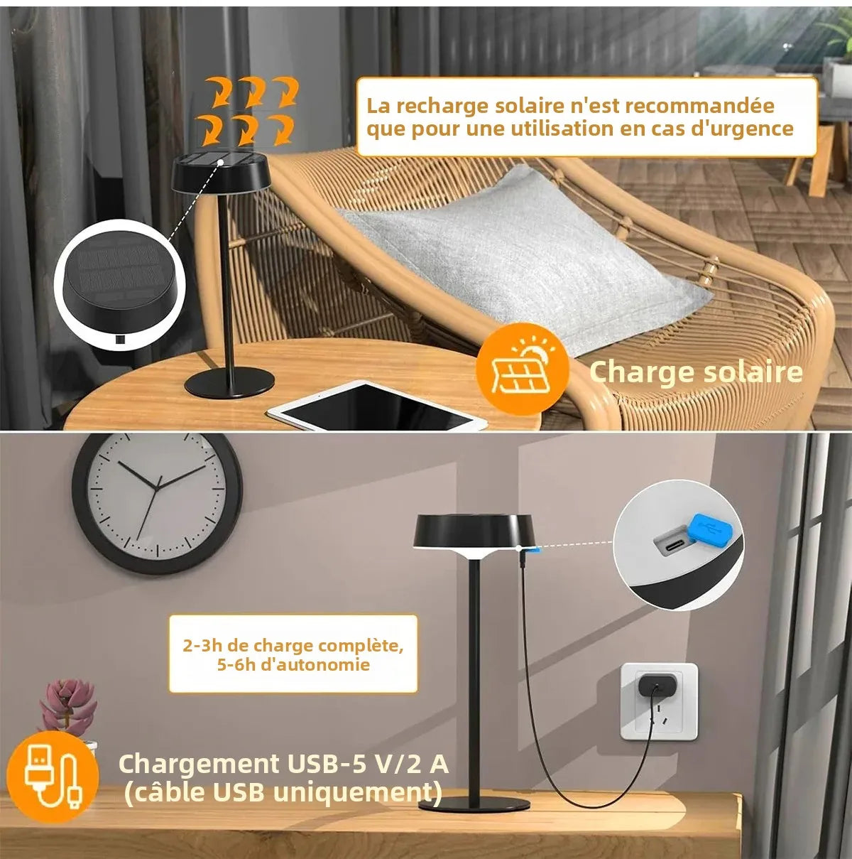 lampe table solaire rechargeable usb led dimmable moderne noir portable chambre