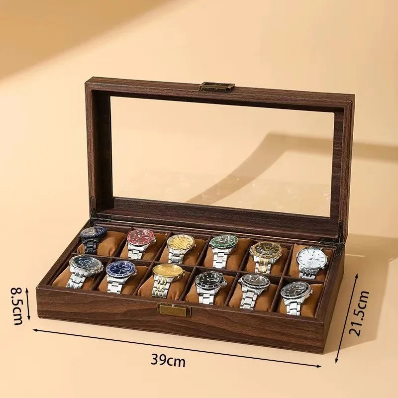 boîtes montres bois foncé grain naturel classique boutons dorés montres bracelets bijoux