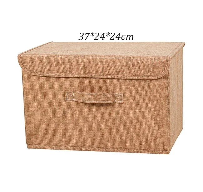 boîte rangement pliable tissu lin gris beige couvercle poignées vêtements