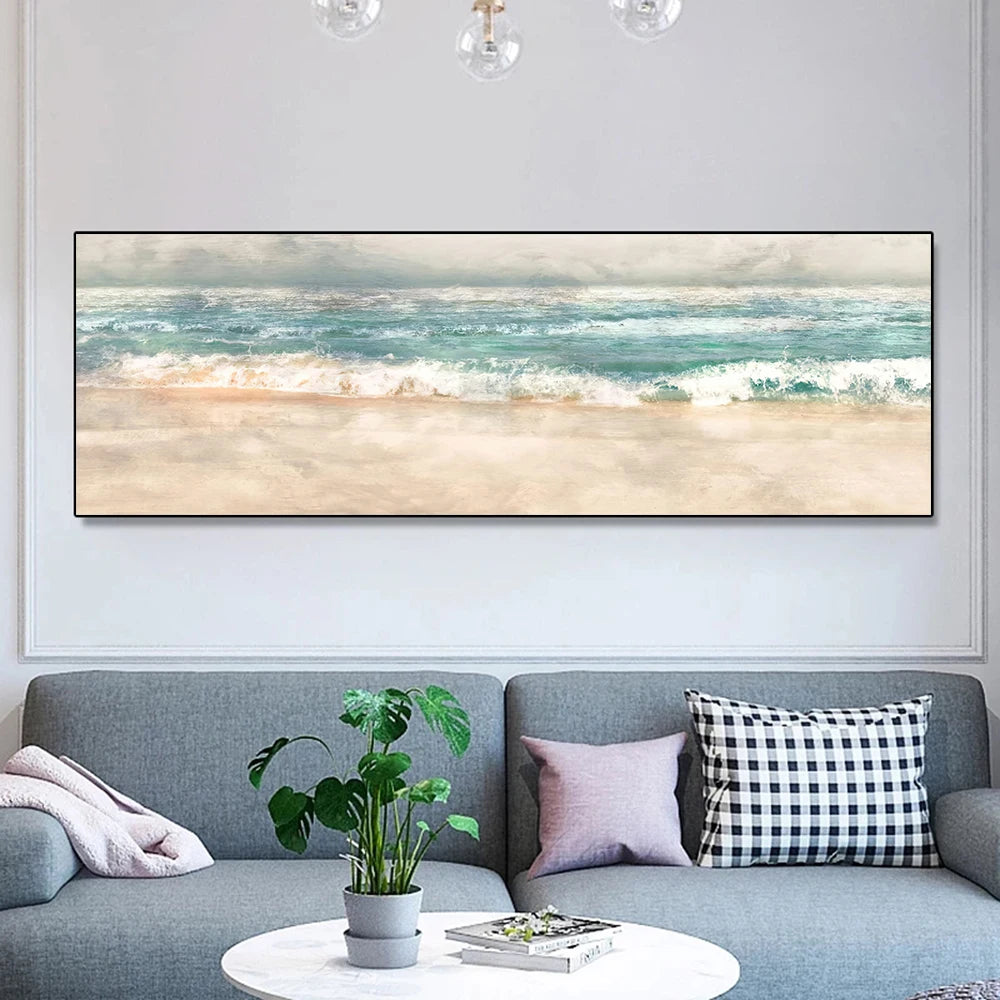 tableau abstrait paysage marin moderne toile bleu blanc nuages sans cadre