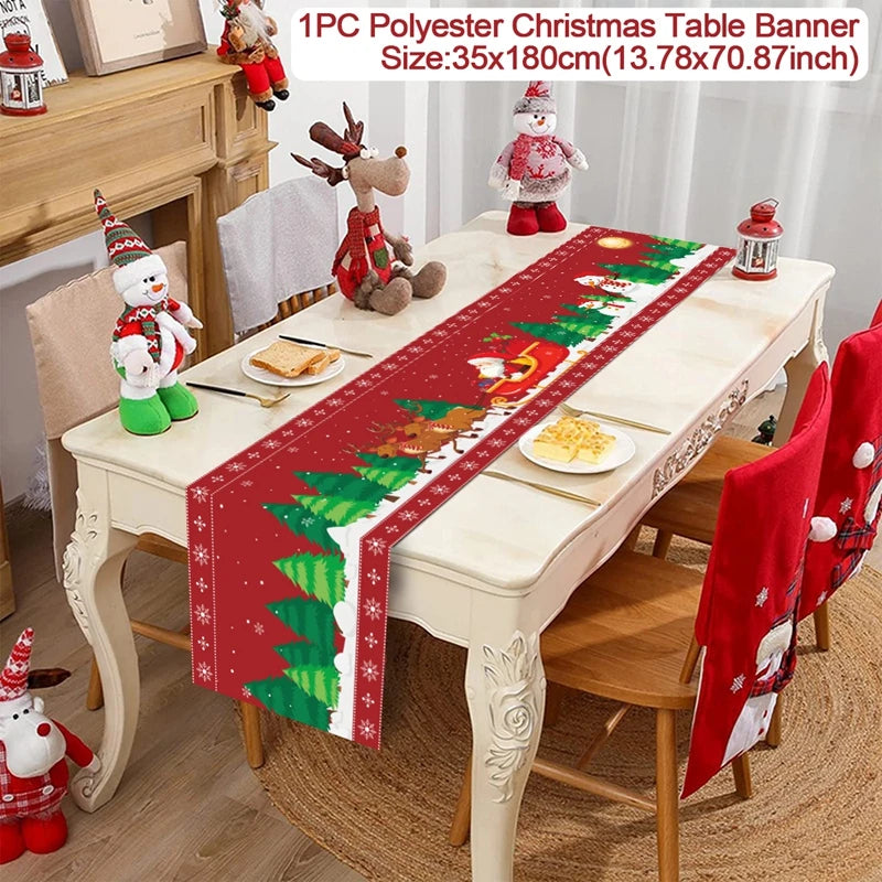 table noel chemin rouge blanc sapins flocons guirlandes decorations festive