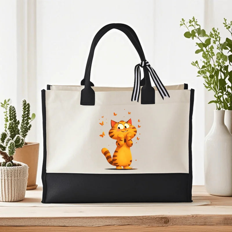 sac main toile beige noir chat papillons respectueux environnement moderne casual