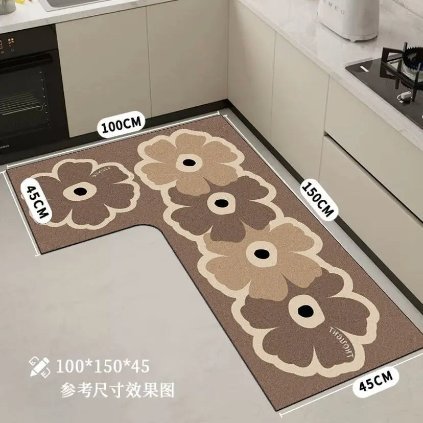 tapis cuisine noir fleurs stylisées moderne imperméable antidérapant polypropylène PVCintérieur sèche rapidement