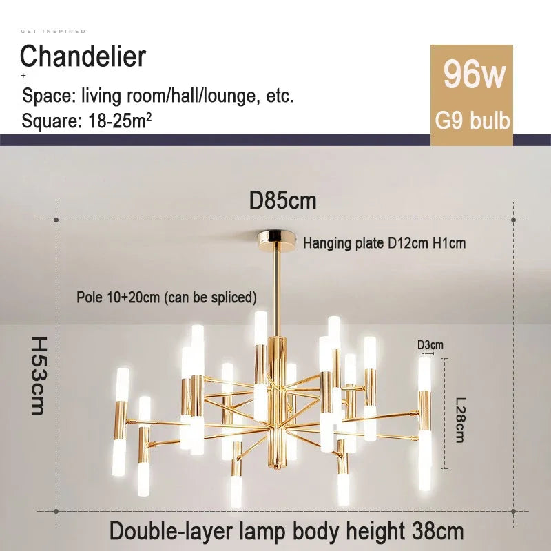 Suspension lumineuse moderne or structure géométrique tubes lumineux fixation crochet éclairage led chambre salon
