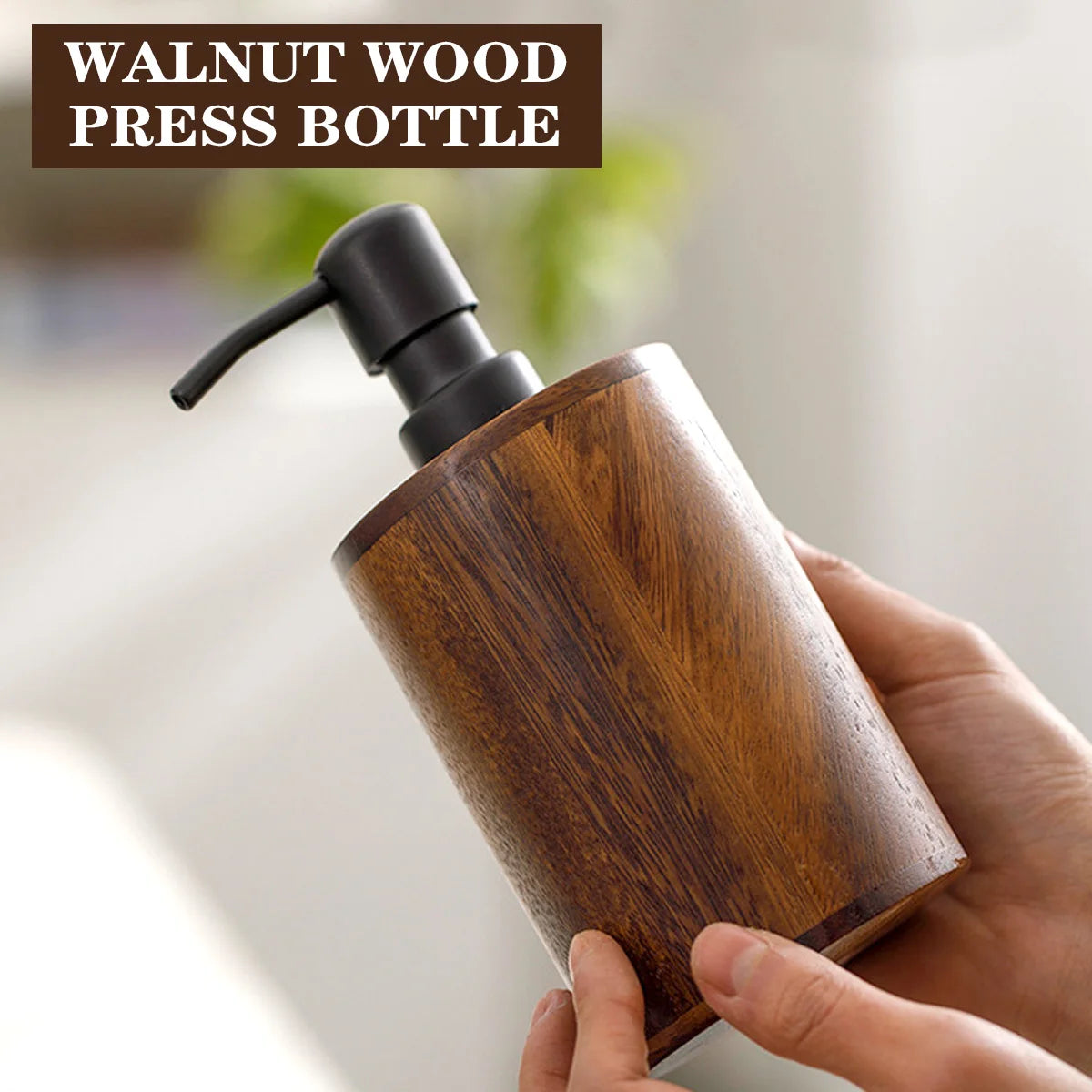 distributeur savon liquide bois marron pompe noire mousse moderne rustique 200ml 400ml rechargeable
