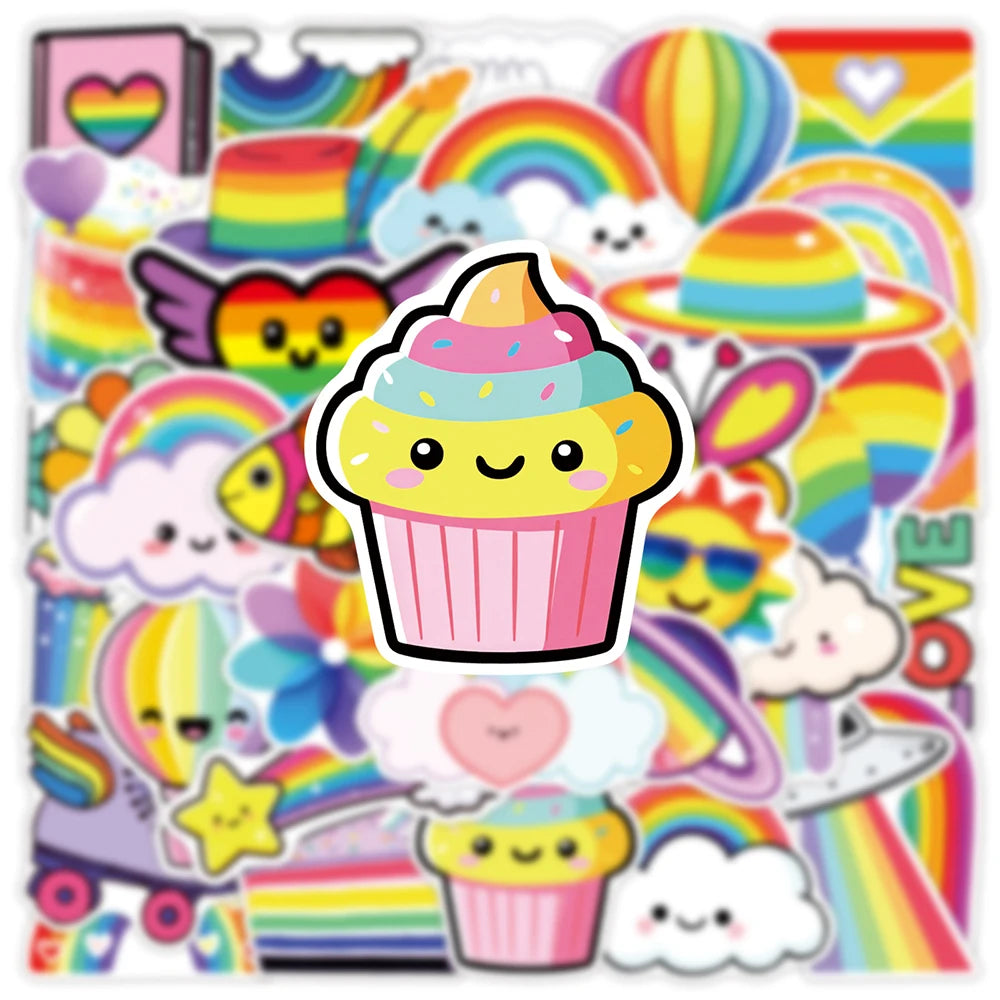 stickers kawaii multicolores dessins animés arc ciel nuages chats cupcakes stickers adhésifs imperméables random