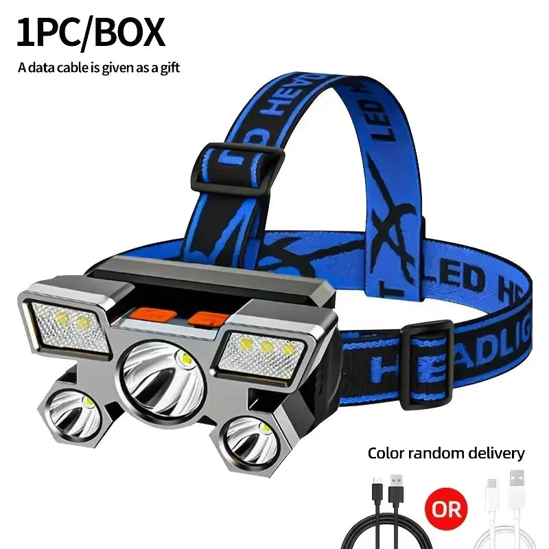 lampe frontale led rechargeable usb pêche camping extérieur ceinture bleu noir gris moderne