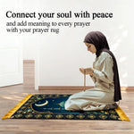 tapis prière islamique bleu nuit motif fleur étoile lune imperméable polyester