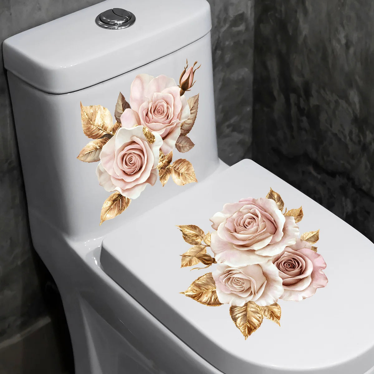 sticker mural fleurs roses feuilles dorées adhésif décoration salle bains porte chambre intérieur autocollant