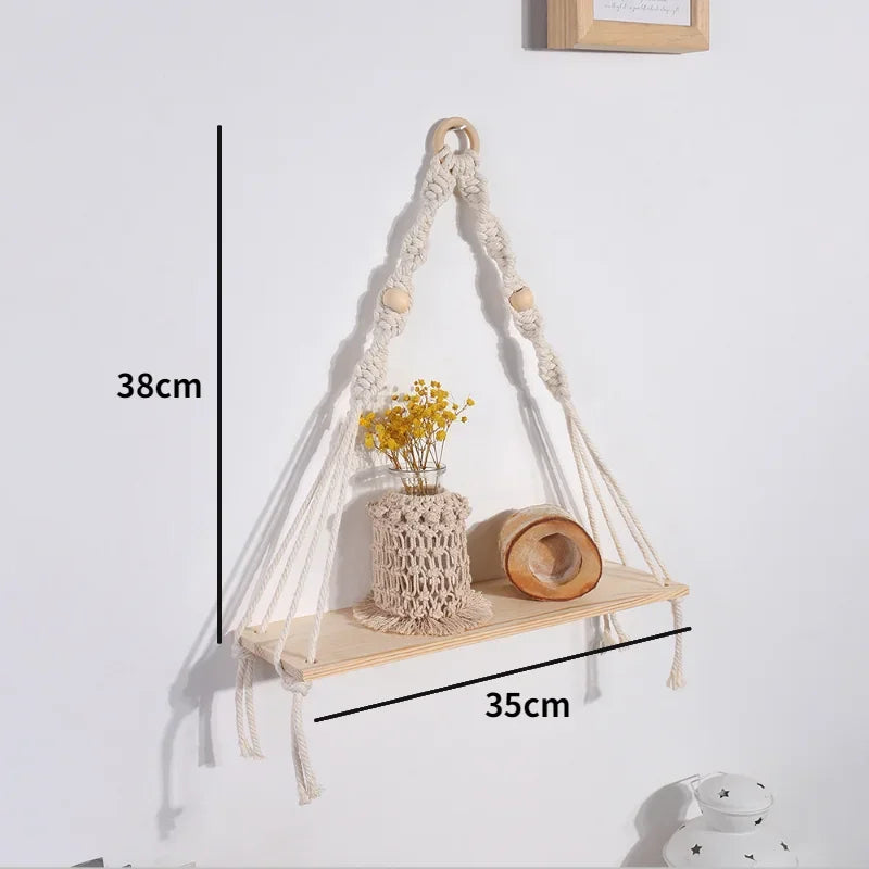 étagères suspendues macramé boho rustique étagères plantes vase céramique cadre photo coussin franges