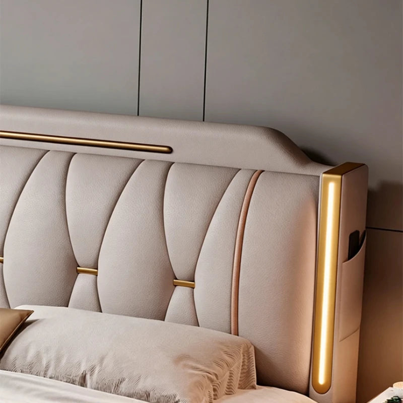 lit double luxe beige doré tête lit capitonnée rangement chambre moderne contemporain