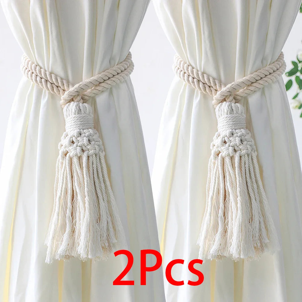rideau boho blanc rayures verticales macramé bois pompons coton