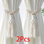 rideau boho blanc rayures verticales macramé bois pompons coton